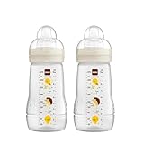 MAM Easy Active Trinkflasche im 2er-Set (270 ml), Baby Trinkflasche inklusive MAM Sauger Größe 1 aus SkinSoft Silikon, Milchflasche mit ergonomischer Form, 0+ Monate, Biene/Igel