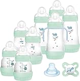 Mam Easy Start Anti-Colic Babyflasche, 8 Flaschen in den Formaten 130 ml, 160 ml und 260 ml, 1 Start Nano, 4 Dichtstoffscheiben, 1 extra weicher und griffiger Ausgießer, Sortiert Farbe, 7- 30 g