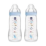 MAM Easy Active Trinkflasche im 2er-Set (330 ml), Baby Trinkflasche inklusive MAM Sauger Größe 2 aus SkinSoft Silikon, Milchflasche mit ergonomischer Form, 4+ Monate, Weltall